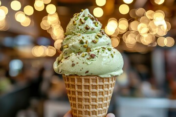 Close-up of Pistachio Ice Cream in a Waffle Cone