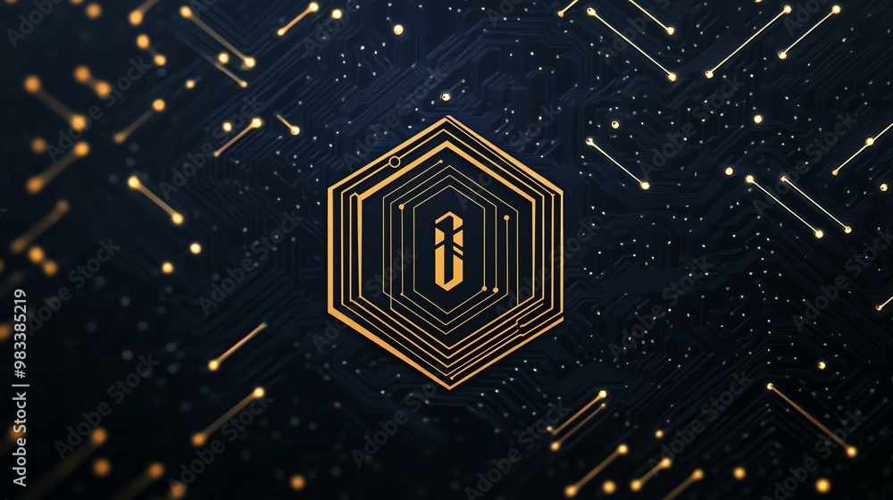 Poster abstract tech background with glowing golden hexagonal symbol.