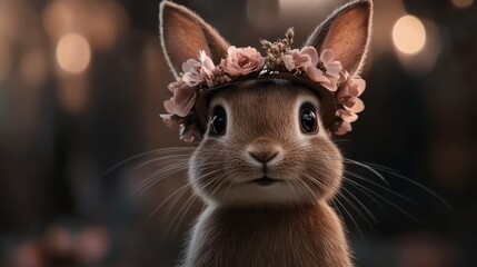 A charming rabbit adorned with a floral crown stares adorably, set against a softly lit background, This image is perfect for springtime themes, children's products, or nature-related content,