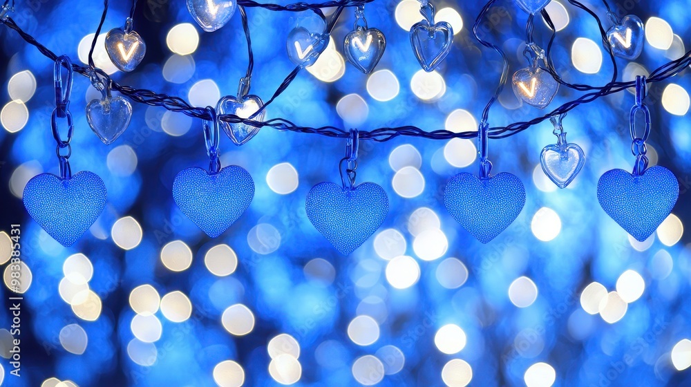 Poster blue heart string lights with bokeh background