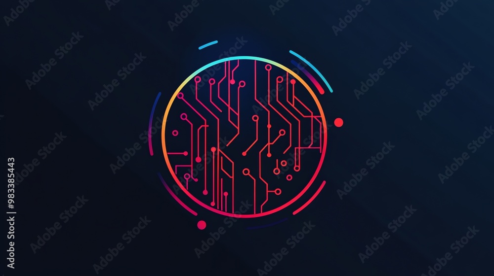 Poster a colorful circuit board design inside of a circle.
