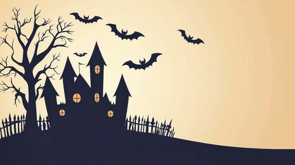 Halloween spooky silhouette of a haunted house  bats and tree