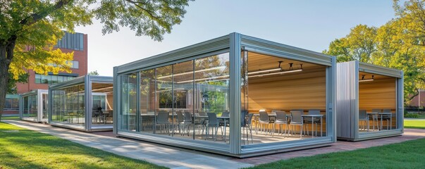 A series of modular outdoor classrooms at a university, crafted from aluminum siding, featuring smart glass that adjusts transparency for optimal natural lighting and temperature control