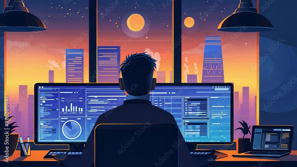 Leinwandbilder A person sits at a desk surrounded by multiple screens, focused on data analysis while a stunning sunset illuminates the city skyline in the background.