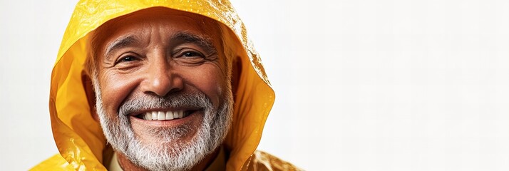 closeup picture of a smiling elderly person in yellow raincoat with copy space, advertising template background