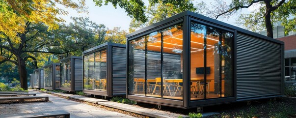 A series of modular outdoor classrooms at a university, crafted from aluminum siding, featuring smart glass that adjusts transparency for optimal natural lighting and temperature control
