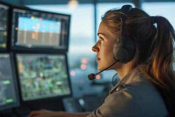 An image of a woman air traffic controller with a headset and monitoring flight data on multiple screens in a control tower.