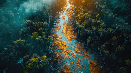 Obraz premium An aerial view of a deforested area next to a lush forest, highlighting the impact of deforestation