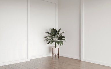 A houseplant in a white pot sits in the corner of a room with white walls and wooden floors. Generative-Ai