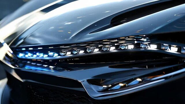 Close up of a contemporary sports car featuring an aerodynamic design and illuminated headlights, showcasing the sleek and powerful aesthetics of the vehicle