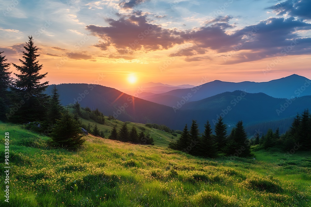 Poster Mountain Landscape at Sunset with Golden Sky and Green Field