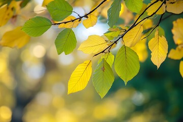 Obraz premium Golden and Green Leaves Branch Autumn Fall Nature Close Up