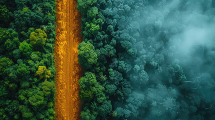 Obraz premium An aerial view of a deforested area next to a lush forest, highlighting the impact of deforestation