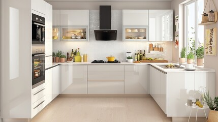 Modern White Kitchen with Stainless Steel Appliances and Glass Cabinet Doors