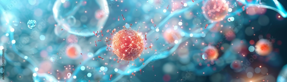 Poster a vivid depiction of microscopic cells and particles, showcasing the complexity and beauty of biolog