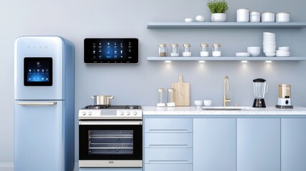 Fototapeta premium Modern Kitchen Interior with Smart Fridge and Appliances