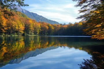 Fototapeta premium Serene Mountain Lake with Vibrant Fall Foliage Reflections
