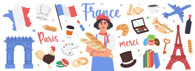 France set. Hand drawn elements for vacation card or print postcard. French national travel symbols. Vector illustration.