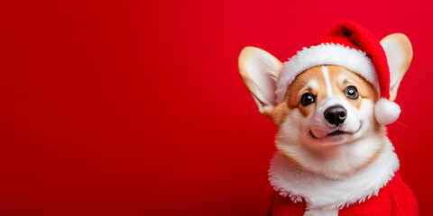 Cute little corgi puppy dog in Santa Claus hat and costume against vibrant red background, Merry Christmas greeting card concept.