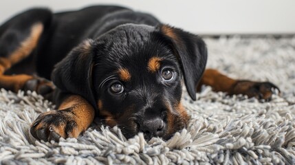 Fototapeta premium Portrait of a black and brown rottweiler puppy laying on grey soft rug, eight weeks old. puppy eyes