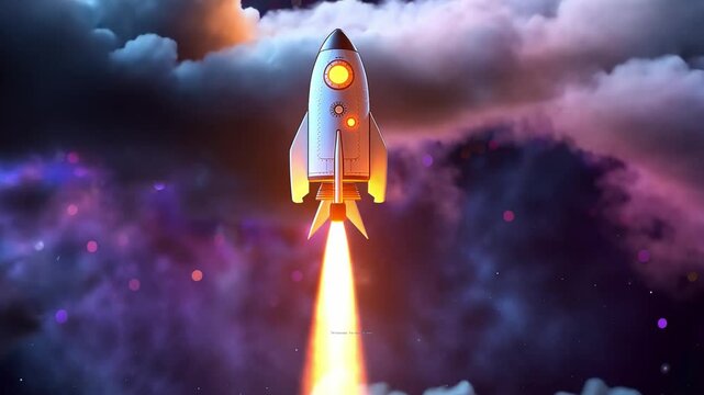 A rocket lifts off into the cosmos, leaving a trail of fiery propulsion as colorful clouds and stars surround it during a stunning dusk.