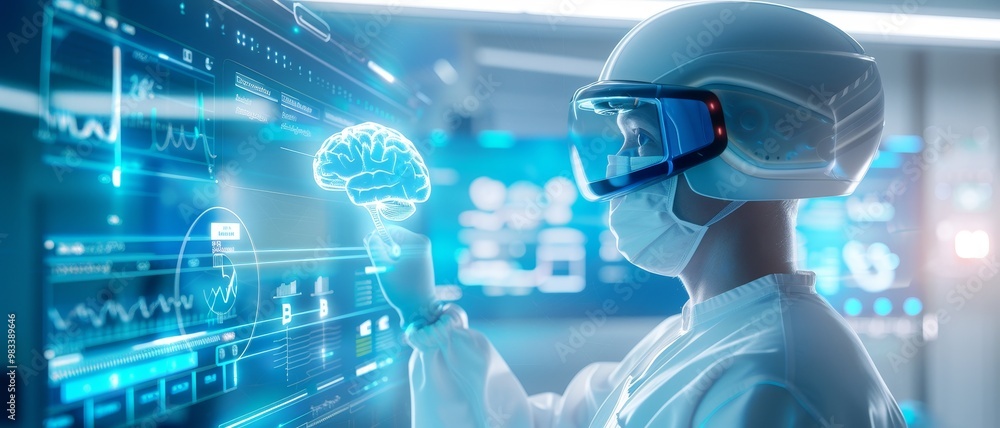 Poster a scientist in protective gear interacts with a holographic brain display, showcasing advanced techn
