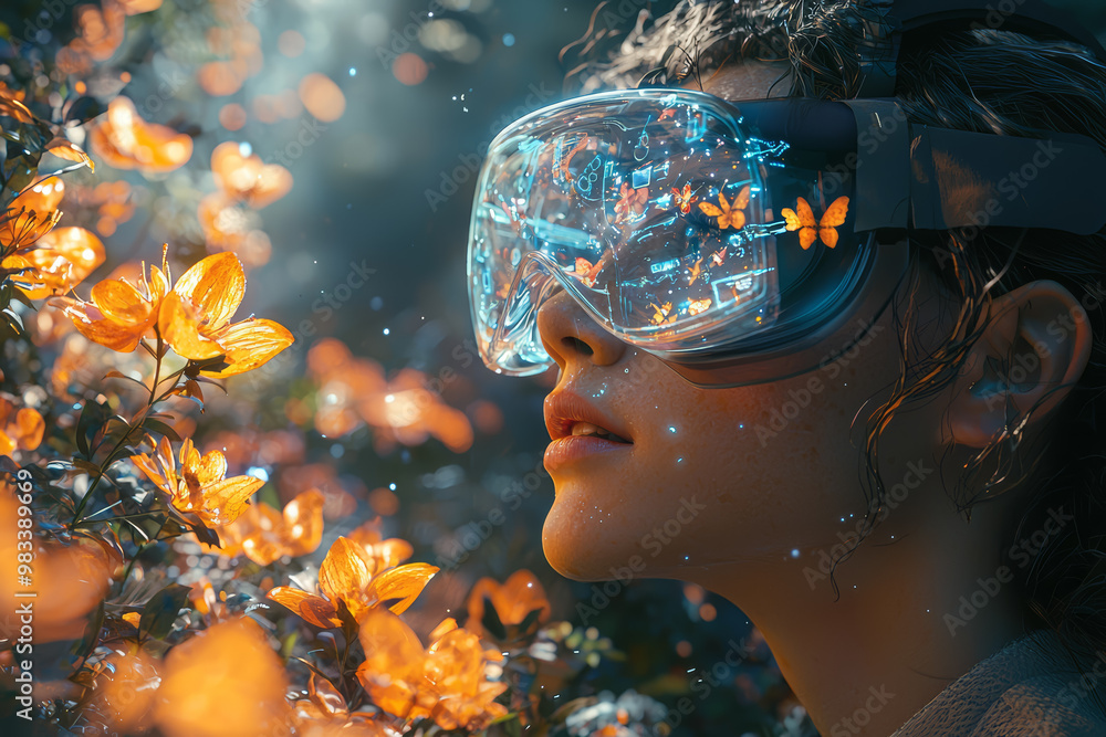 Poster an avatar interacting with a digital landscape, customizing their virtual environment with various d