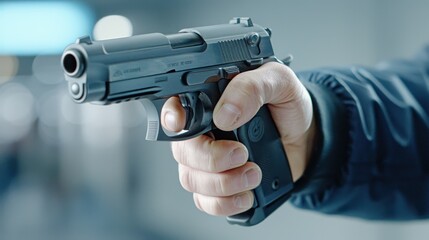 Close-up of a hand holding a black handgun, finger on the trigger, depicting firearm handling, self-defense, or law enforcement situations.