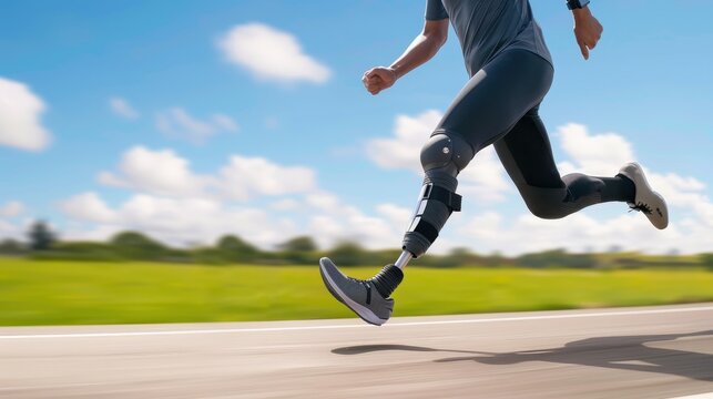 A runner with a prosthetic leg is sprinting outdoors on a clear day, symbolizing athleticism, strength, and determination in sports. - Powered by Adobe