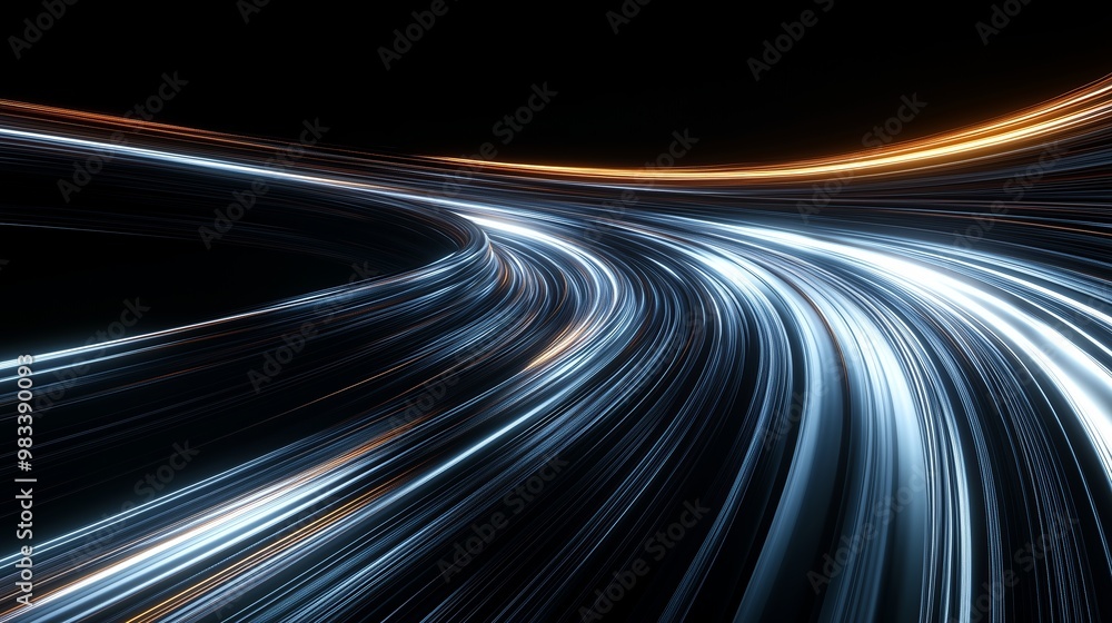 Poster bright light trails curve and blend in a dark environment, creating a dynamic nighttime visual exper