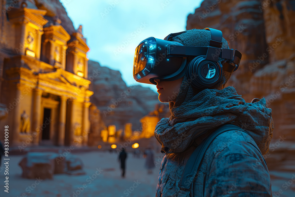 Poster a vr headset user exploring an ancient, digitally recreated cityscape, experiencing historical landm