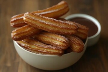A Bowl of Churros with Chocolate Sauce and Sugar