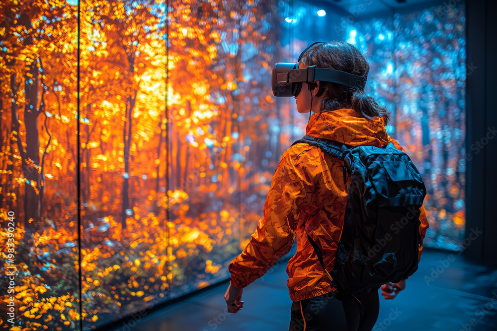 Poster a vr fitness application in use, with a person performing dynamic exercises in a simulated environme