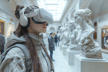 A virtual art gallery showcasing digital sculptures and paintings, with visitors exploring and interacting with the exhibits through VR headsets. Concept of digital art.