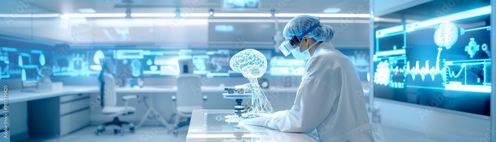 Poster a futuristic lab scene featuring a scientist analyzing holographic data and digital information, hig