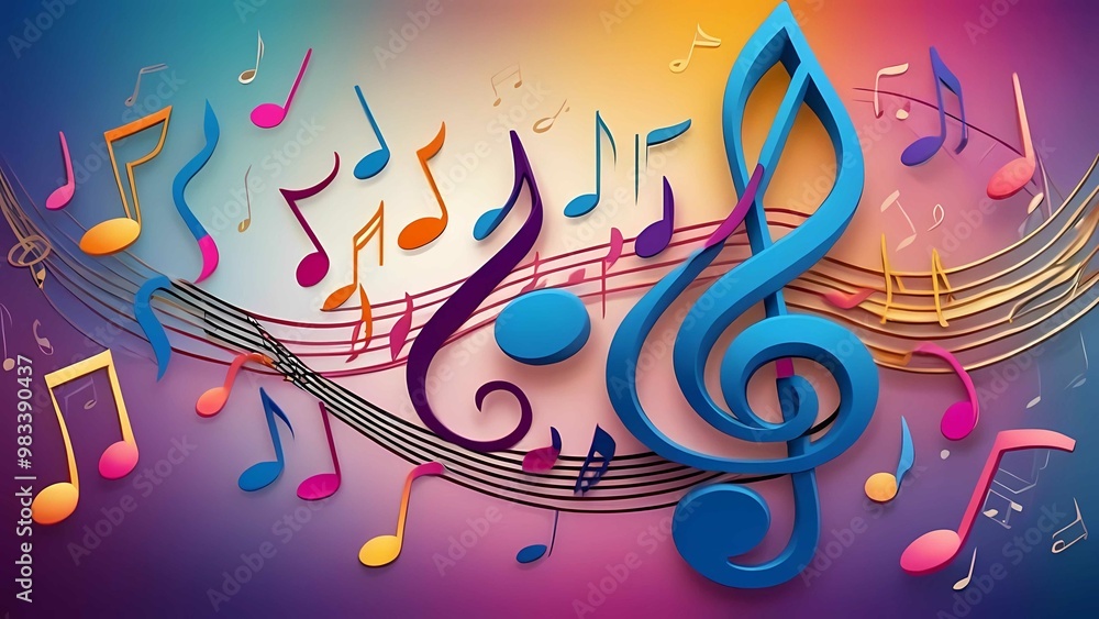 Poster abstract background with colorful musical notes, clefs, and symbols creating a dynamic, rhythmic atm