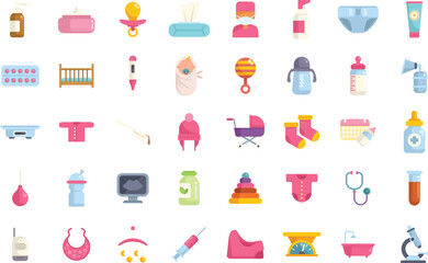 Collection of colorful icons representing items used in baby care, from feeding to healthcare and clothing