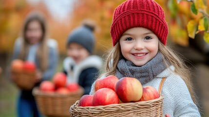 Fototapeta premium A young girl holding a basket of apples in the fall, AI