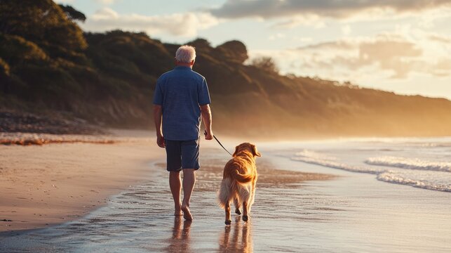 An elderly man strolls along the beach with his golden retriever at sunset, symbolizing friendship, tranquility and peaceful connection between people and their pets