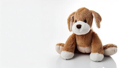 Obraz premium Stuffed animal of a puppy dog. cute, adorable, plush, soft, companion friend and night time sleep toy for young boy and girl children. Isolated on white background with copy space