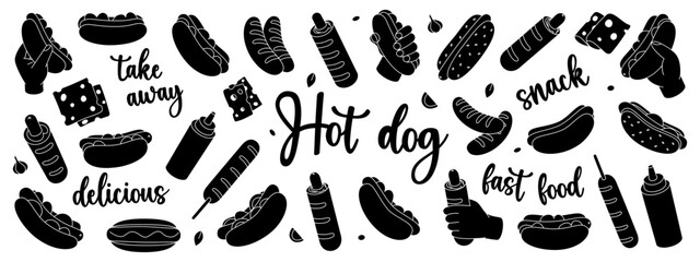 Black hot dogs set. Takeaway snack. American street fast food. Vector illustration.