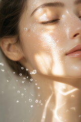 Beautiful beauty woman using hydrating facial serum molecules bubbles flying around as skincare routine.