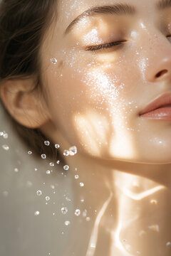 Beautiful beauty woman using hydrating facial serum molecules bubbles flying around as skincare routine.