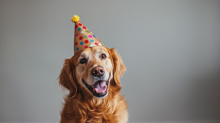 christmas decoration background a happy golden retriever dog with Christmas party hat
