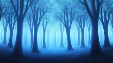 Obraz premium A forest of trees with blue sky and fog in the background, AI