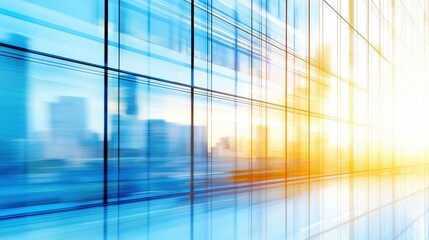 Modern Glass Building Facade with Blurred Cityscape and Sunlight
