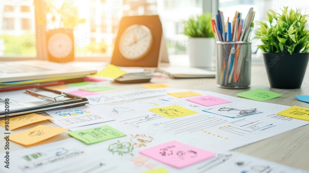 Poster creative brainstorming session with sticky notes and hand drawn sketches on a desk