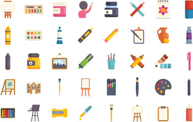 Collection of colorful icons representing various artist tools and equipment used for drawing, painting, and other art forms
