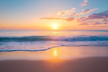 Obraz premium Peaceful Sunset on Ocean Beach with Waves Crashing on Sandy Shore