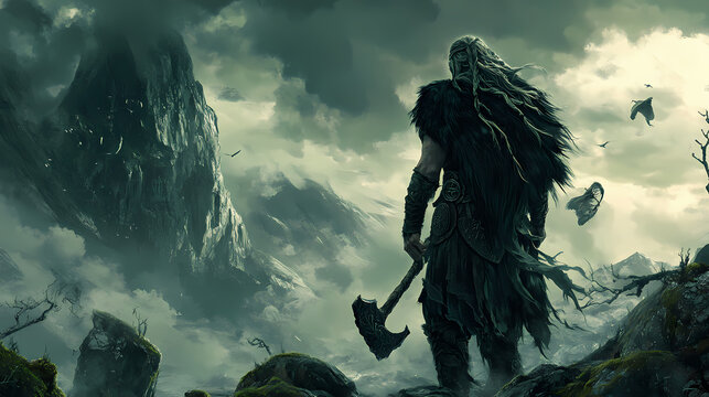 Gungnir in the wild nature. copy space . Norse Mythology. Illustration